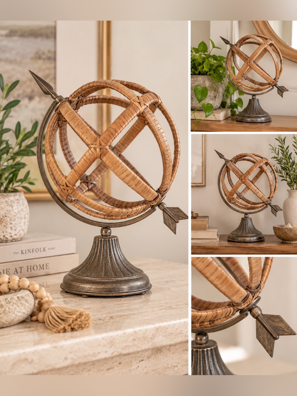 Vintage Style Wicker Rattan Armillary Sphere Celestial Globe Tabletop Decor
